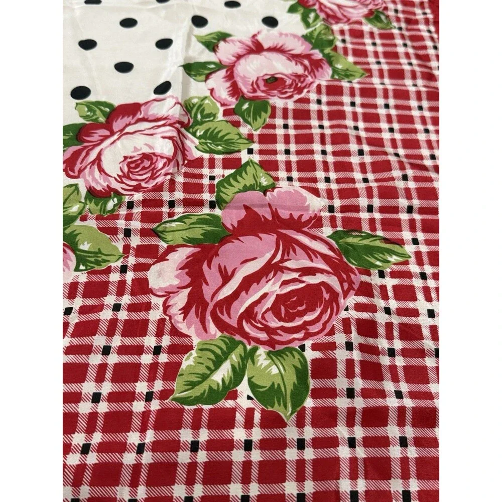VTG 100% Silk Scarf Red Black White Polka Dot Floral Square 30” Hand Rolled